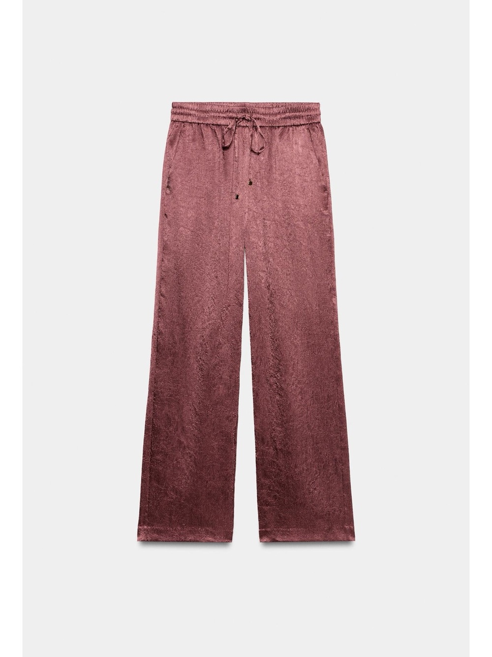 Wide-Leg Satin Crinkle Drawstring Pants - Mauve Pink